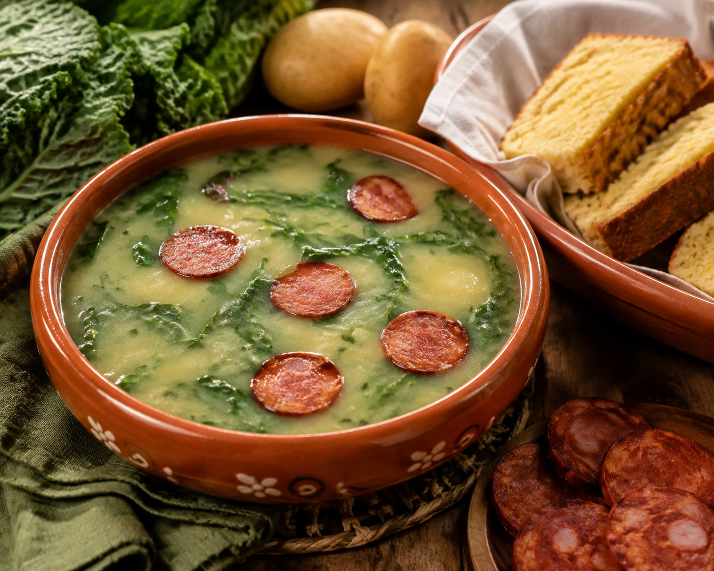 Caldo verde tradicional num prato de barro com broa e chouriço